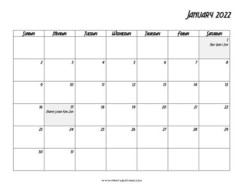 20 Printable January 2022 Calendar With Holidays Blank Free