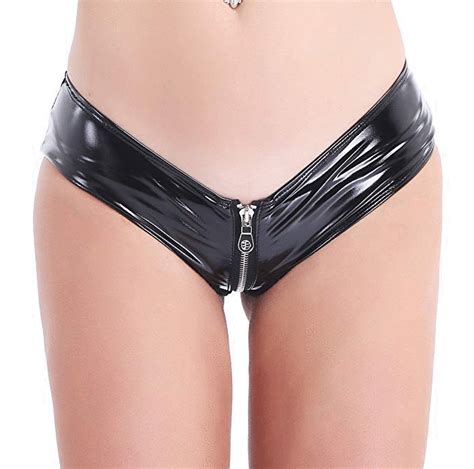 Dpois Womens Shiny Wet Look Patent Leather Low Rise Sissy Zipper Crotch Jockstrap Bikini Briefs
