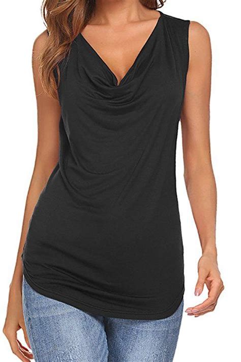 Qearal Womens Cowl Neck Ruched Sleeveless Blouse Casual Slim Fitted Shirt Tank Tops Womens