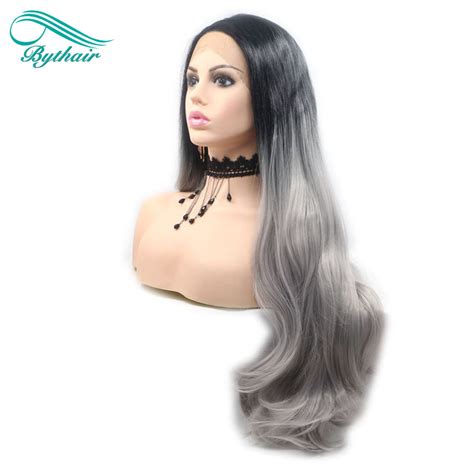 Bythairshop Long Body Wave Hair Black To Grey Ombre Wigs Synthetic Lace
