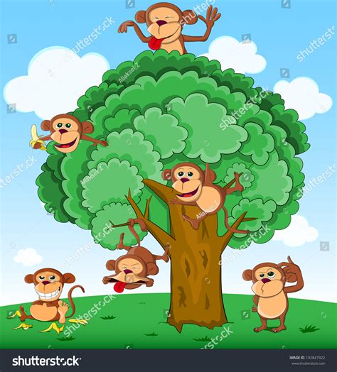 Cartoon Tree Group Monkeys Ilustración De Stock 192847922 Shutterstock