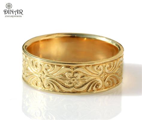 14k Gold Wedding Band Vintage Design 7mm Wide Ring In Women039s Wide Wedding Bands 