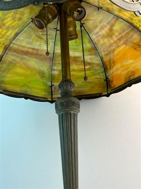 Lot Antique Art Nouveau Green And Carmel 8 Panel Slag Glass Overlay 3 Socket Table Lamp Works