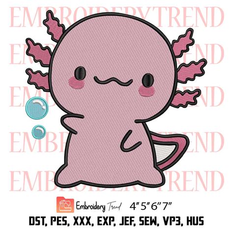 Axolotl Salamander Cute Embroidery Cute Pink Axolotl Embroidery