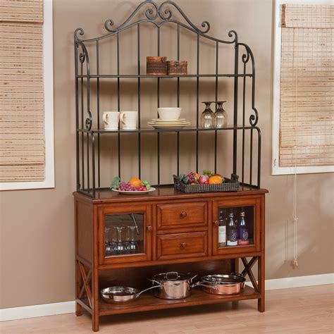 Wrought Iron Top 47 Inch Bakers Rack In Heritage Oak Wood Finish Bakers Rack Storage House Decor