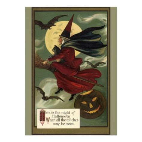 A Halloween Card With A Witch Flying Over A Pumpkin