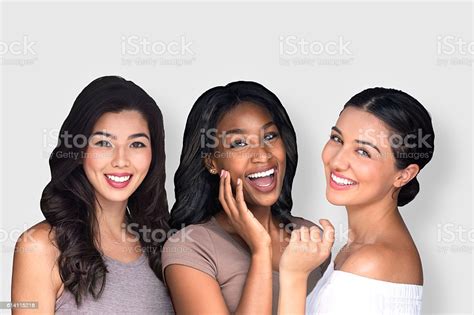 Mixed Race Multiethnic Female Friends Laughing Together Perfect Smile