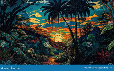 Beautiful Tropical Rainforest Landscape Sunset Colorful Image