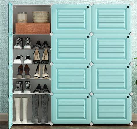 Multi Layers Shoes Storage Cabinet Blue Stripe Plastic Metal Frame