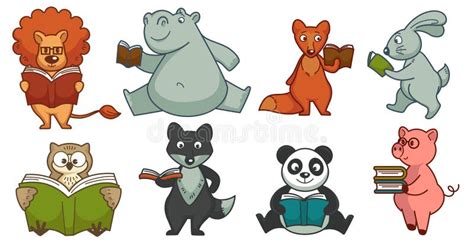 Funny Animal Characters Reading Books Set Stock Vector Illustration