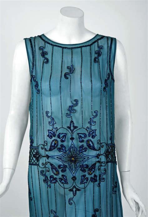 1920s French Heavily Beaded Deco Blue Silk Chiffon Drop Waist Flapper