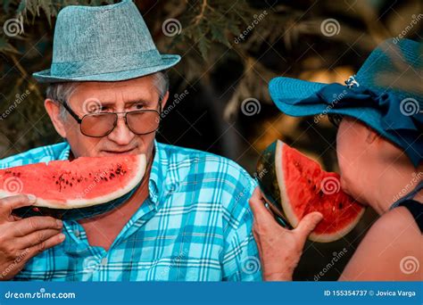 Happy Senior Loving Couple Eating Watermelon On A Picnic Stock Image