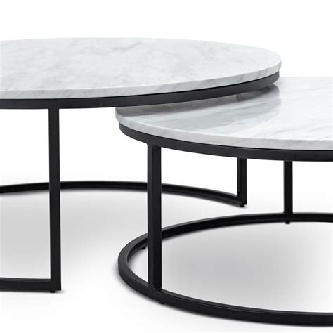 Khloe White Marble Round Nesting Coffee Table Set With Black Frame