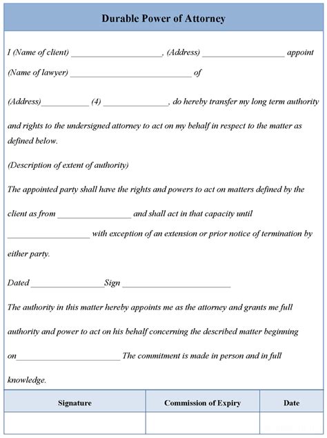 Durable Power Of Attorney Form Sample Durable Power Of Attorney Form