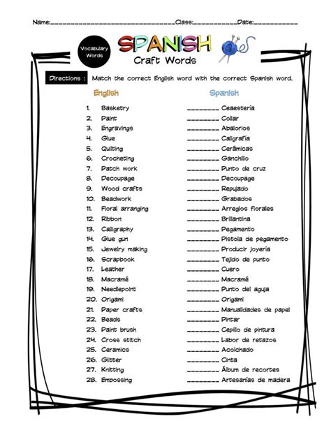 Spanish Craft Vocabulary Matching Worksheet And Answer Key Made By Teachers