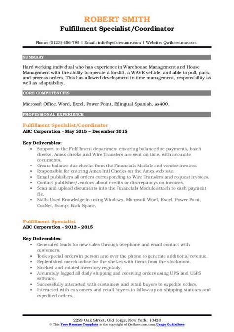 fulfillment specialist resume samples qwikresume