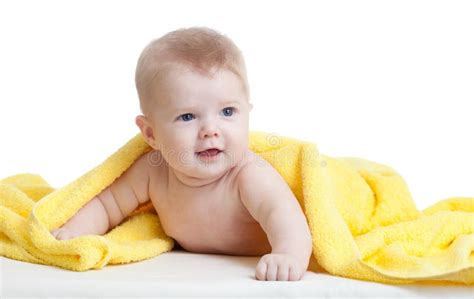 Cute Baby Boy In Yellow Towel On White Stock Photo Image Of Cheerful
