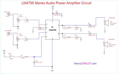 Power amplifier circuit diagram is still less by looking at the circuit that was so below, the finished circuit has been added with gains, using two jrc4558 ic the picture ic where it can be seen below. LM4755 Stereo Audio Power Amplifier Circuit