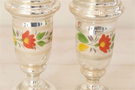 Pair Antique French Handpainted Mercury Glass Vases Decorative