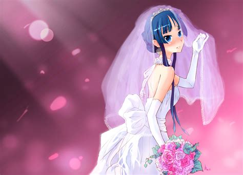 Safebooru Blue Eyes Blue Hair Blush Bouquet Bridal Veil Bride Dress