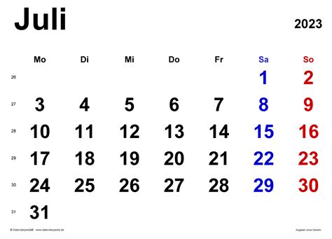 Kalender Juli 2023 Als Excel Vorlagen