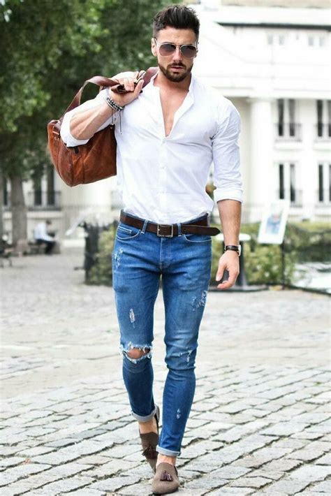 Street Style For Men Blue Denim White Shirt Look Mens