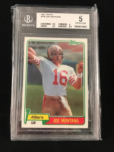 If you would like an estimated value on a joe montana football card please email us a. 1981 Topps Joe Montana Rookie card - BVG 5