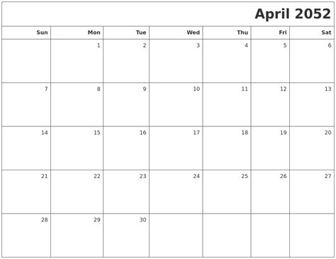 April 2052 Printable Blank Calendar