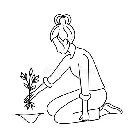 Woman Planting Tree Doodle Illustration Vector Stock Vector