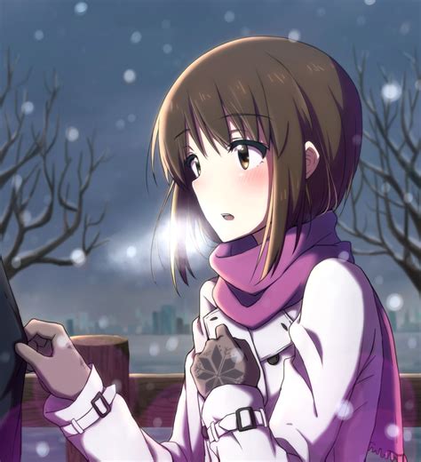 safebooru 1girl blush breath brown eyes brown hair coat gloves hagiwara yukiho highres