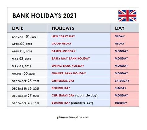 Uk Holiday 2021 Calendar Template School Bank Public