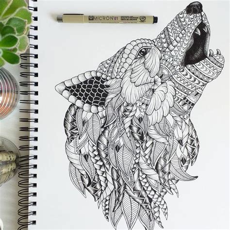 Zentangle Wolf Art Print Animal Mandala Illustration A4 Etsy In 2020