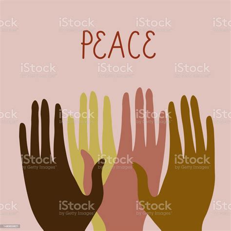 ภาพประกอบแนวคิดของการเรียกร้องสันติภาพและต่อต้านการเหยียดเชื้อชาติ วันสันติภาพ มือของเ ภาพประกอบ