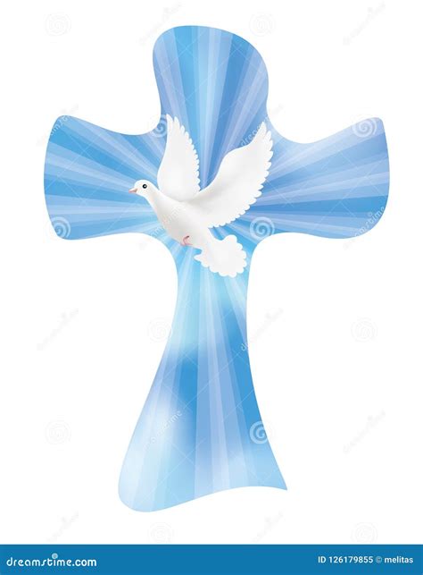 Isolated Vector Christian Cross With Dove On Sky Background With