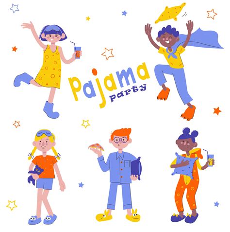 Pajama Party Set Of Girls And Boys In Kigurumi And Jumpsuits Flat