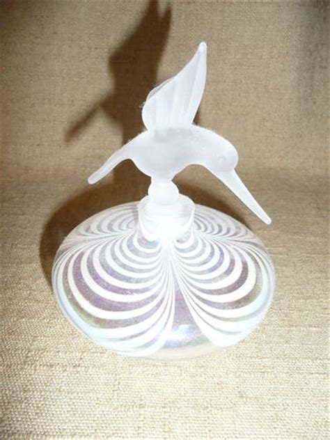 Vintage Etched Glass Perfume Bottle With Frosted Hummingbird Stopper 4 X 5 5 Glass Perfume