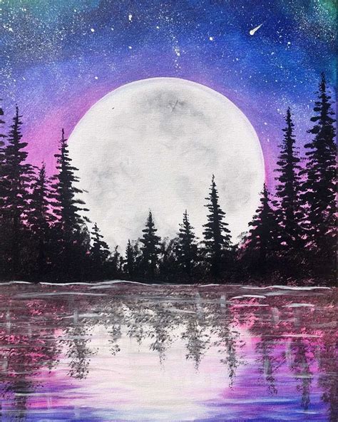 Moonrise Lake Nature Art Painting Galaxy Painting Canvas Art Painting