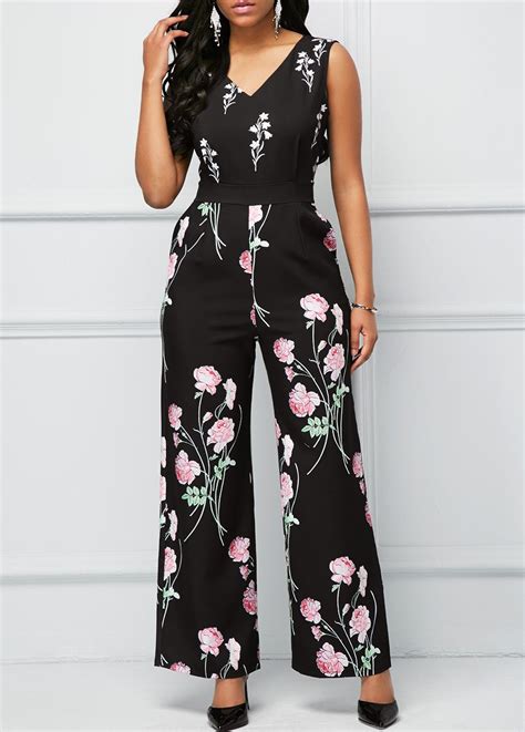 black v neck flower print pocket jumpsuit usd 35 33 fashion clothes women