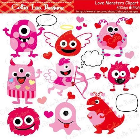 Valentines Day Clipart With Cute Pink And Red Monsters Hearts Cupcakes