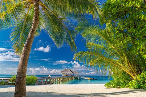 Beach Resort Maldives Landscape Tropic Surf And Horizontal Sea As