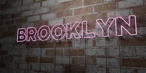Brooklyn Glowing Neon Sign On Stonework Wall 3d Rendered Royalty