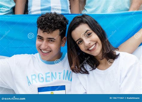 Two Cheering Argentinian Soccer Fans With Flag Of Argentina Stock Image Image Of Girl
