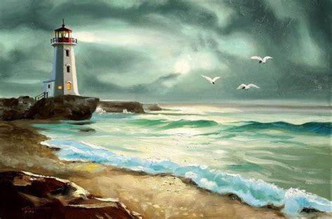 Lighthouse Beach Seascape Decorative Oil On Canvas By Rustyart 14900
