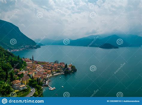 Aerial View Of Varenna Village On A Coast Of Como Lake Italy On A
