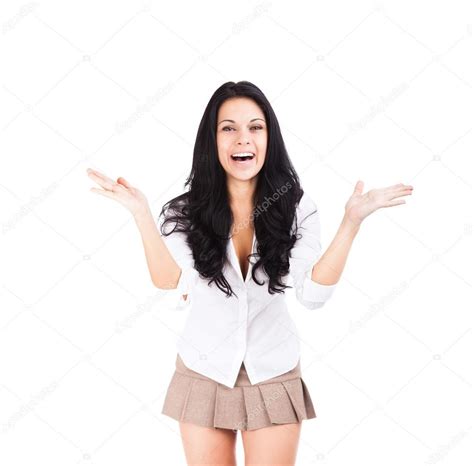 Excited Smile Sexy Woman Raised Up Palms Hands — Stock Photo © Mast3r
