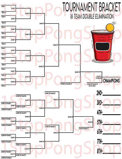16 Team Double Elimination Beer Pong Tournament Bracket Instant