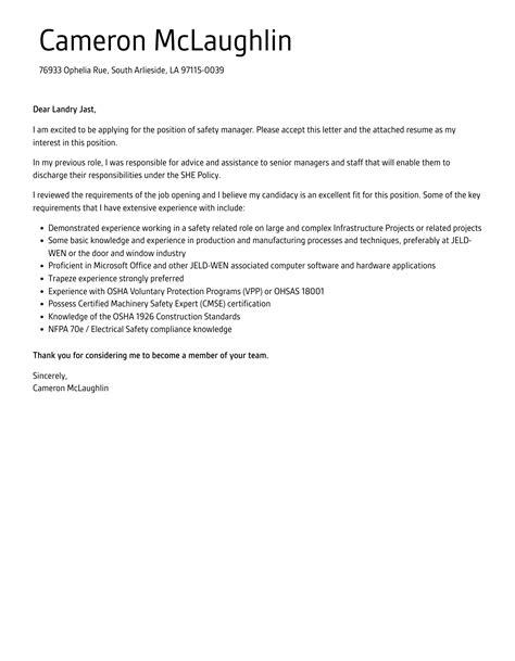Safety Manager Cover Letter Velvet Jobs
