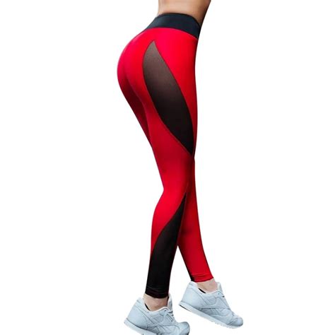 Solid Red Mesh Patchwork Leggings Women Elastic Trousers Skinny Fitness Leggings High