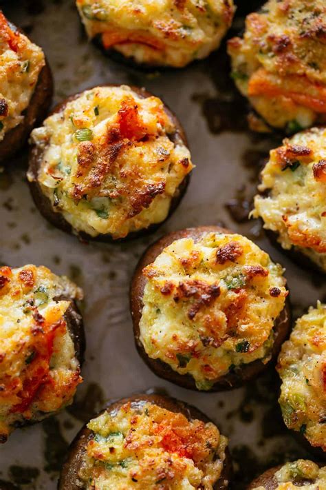 I go to our local mushroom farm and buy a huge box of mushrooms and make a big batch of my cheesy crab stuffed mushrooms, cook them then freeze. Crab Stuffed Mushrooms - Cafe Delites
