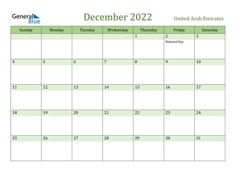 United Arab Emirates December 2022 Calendar With Holidays
